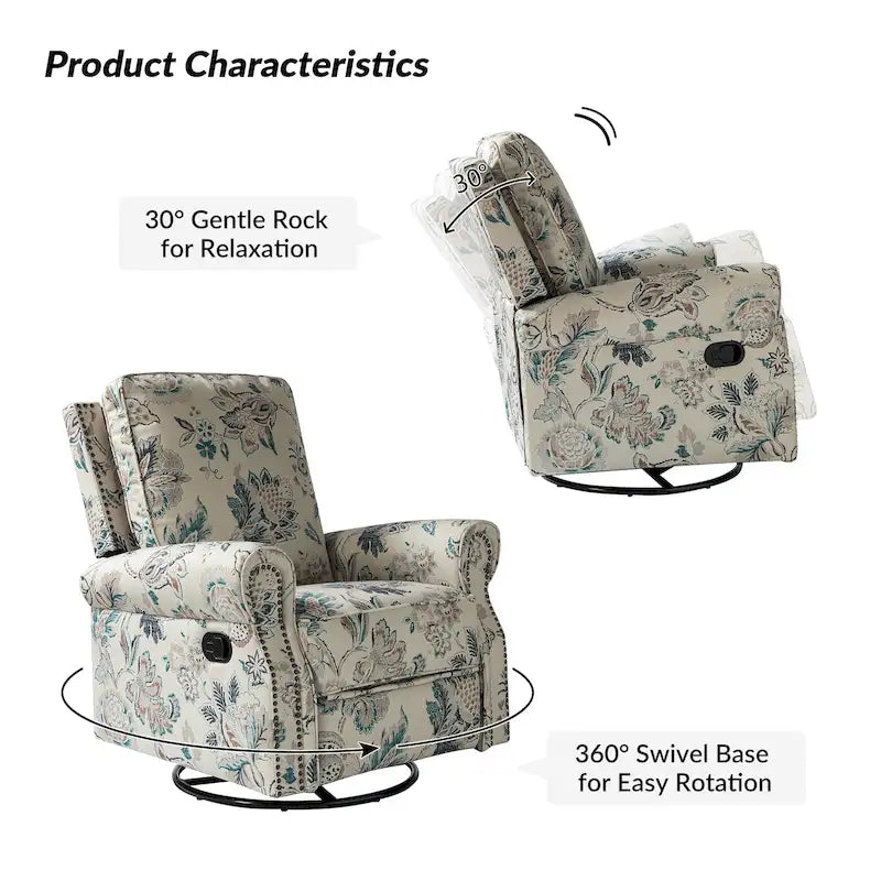 Fauteuil inclinable pivotant et basculant avec accoudoirs roulés, imprimé floral, Roderich Farmhouse, lot de 2, par HULALA HOME