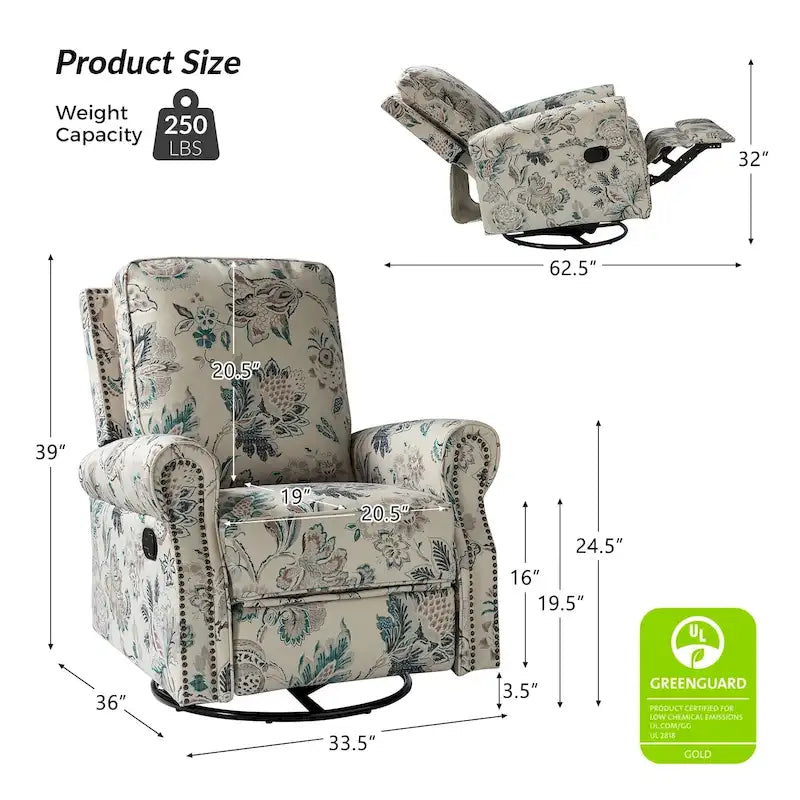 Fauteuil inclinable pivotant et basculant avec accoudoirs roulés, imprimé floral, Roderich Farmhouse, lot de 2, par HULALA HOME