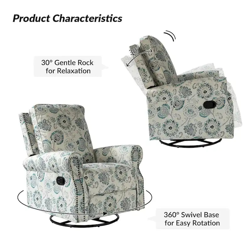 Fauteuil inclinable pivotant et basculant avec accoudoirs roulés, imprimé floral, Roderich Farmhouse, lot de 2, par HULALA HOME