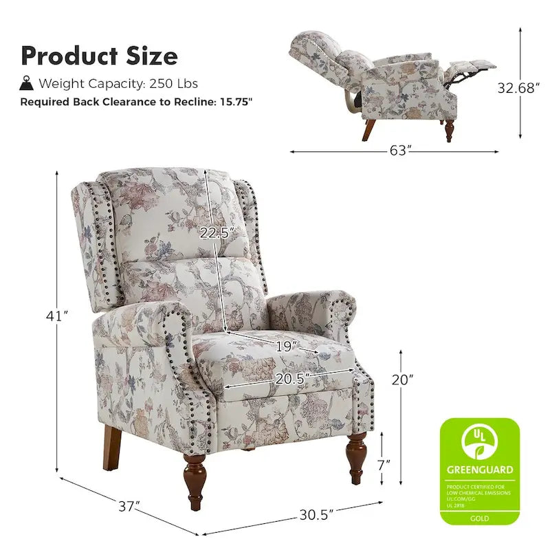 Fauteuil inclinable manuel Terri Classic Cutaway Arms with Nailheads pour salon, ensemble de 2 par HULALA HOME