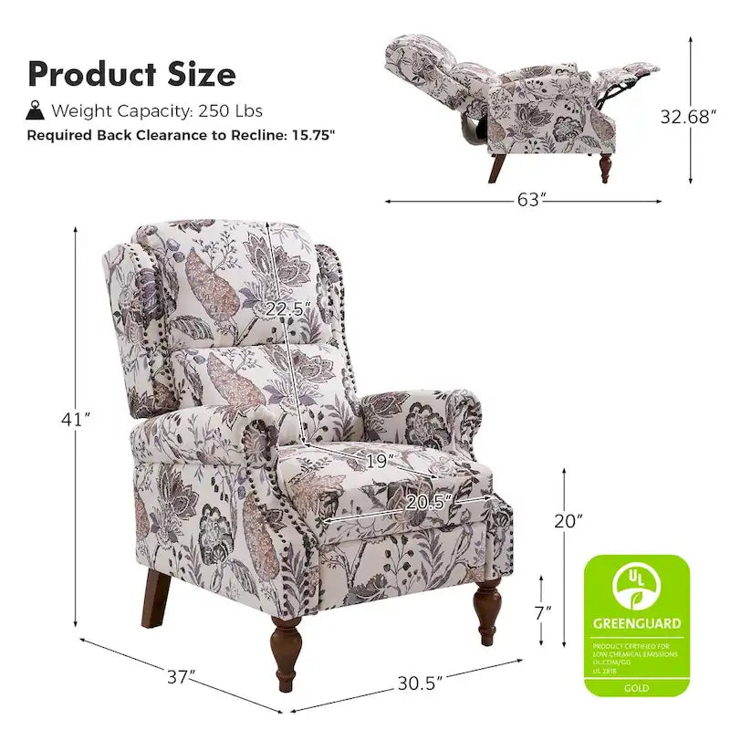 Fauteuil inclinable manuel Terri Classic Cutaway Arms with Nailheads pour salon, ensemble de 2 par HULALA HOME