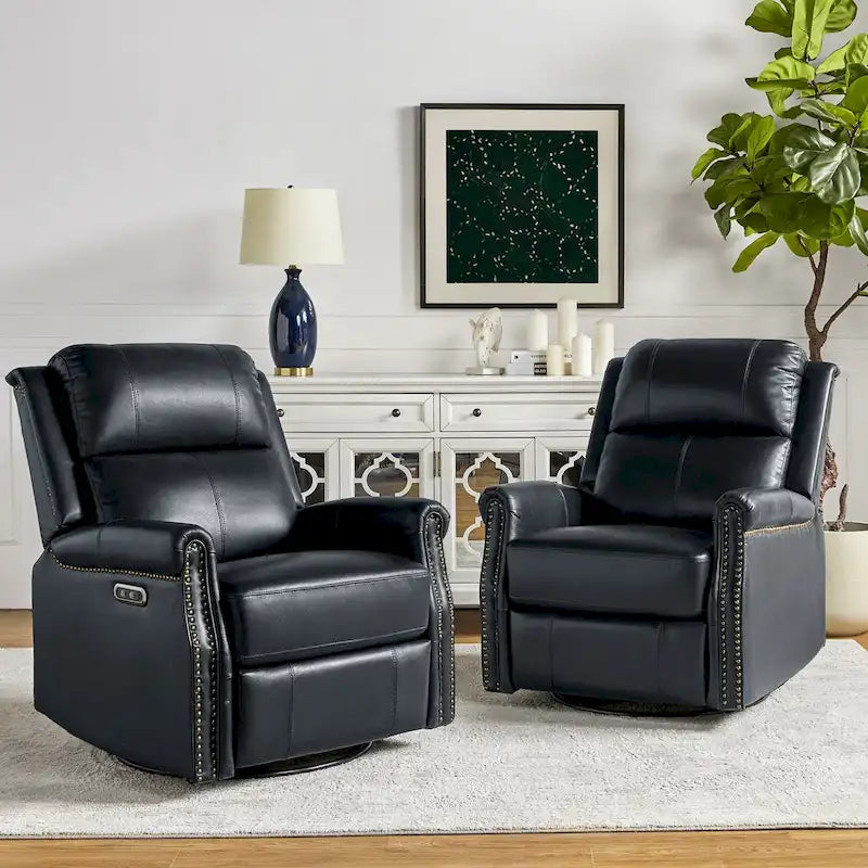 Fauteuil inclinable pivotant motorisé Renato en cuir véritable avec clous et base en métal, lot de 2, par HULALA HOME