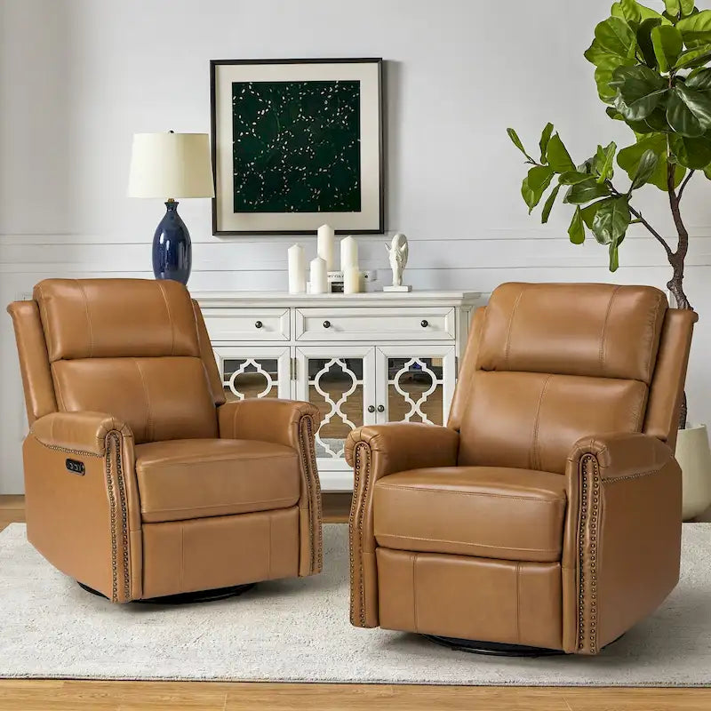Renato Traditional Genuine Leather Nailhead Power Swivel Recliner Chair with Metal Base Set of 2 by HULALA HOME