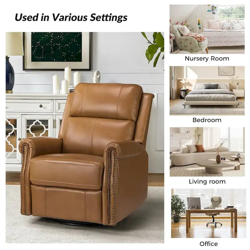 Fauteuil inclinable pivotant motorisé Renato en cuir véritable avec clous et base en métal, lot de 2, par HULALA HOME