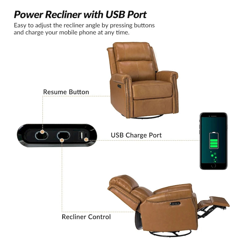 Fauteuil inclinable pivotant motorisé Renato en cuir véritable avec clous et base en métal, lot de 2, par HULALA HOME
