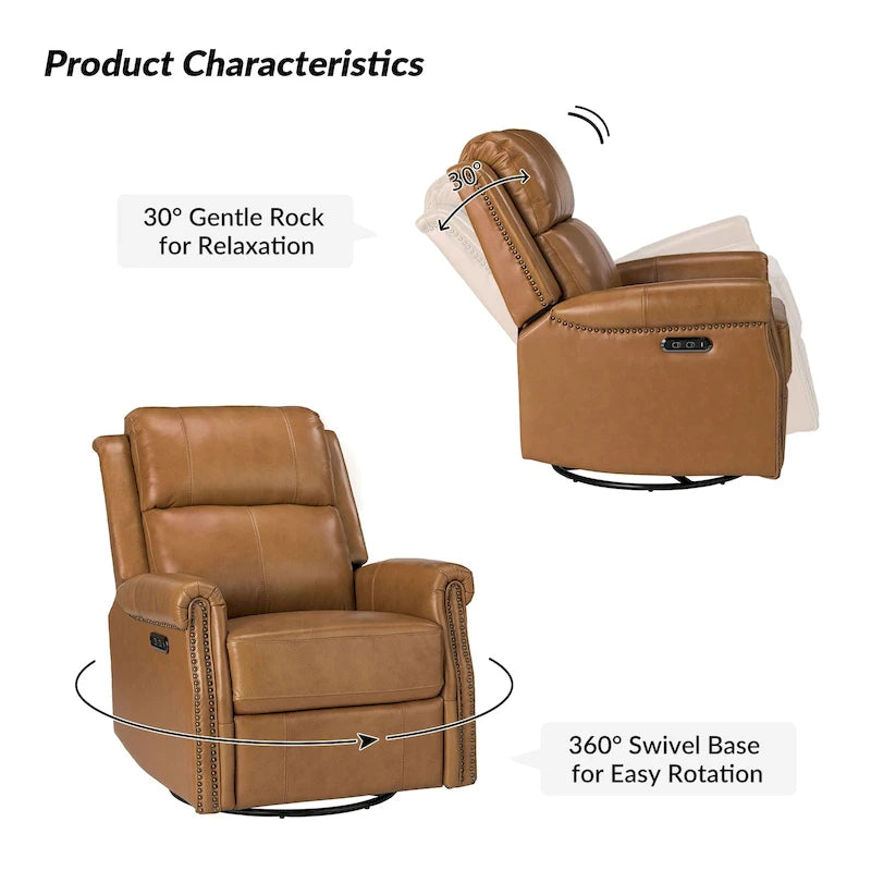 Fauteuil inclinable pivotant motorisé Renato en cuir véritable avec clous et base en métal, lot de 2, par HULALA HOME