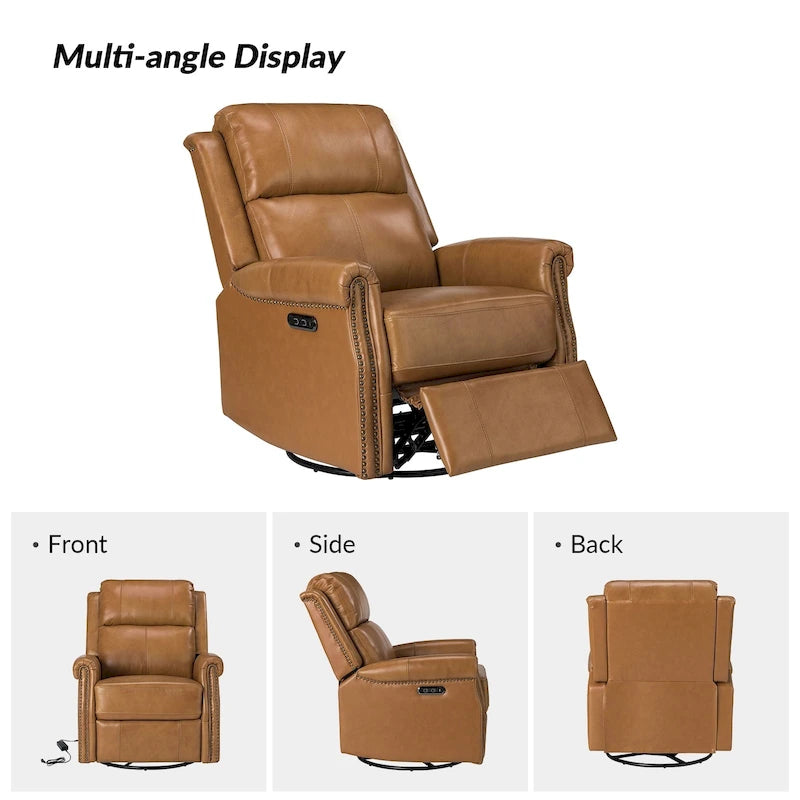 Fauteuil inclinable pivotant motorisé Renato en cuir véritable avec clous et base en métal, lot de 2, par HULALA HOME