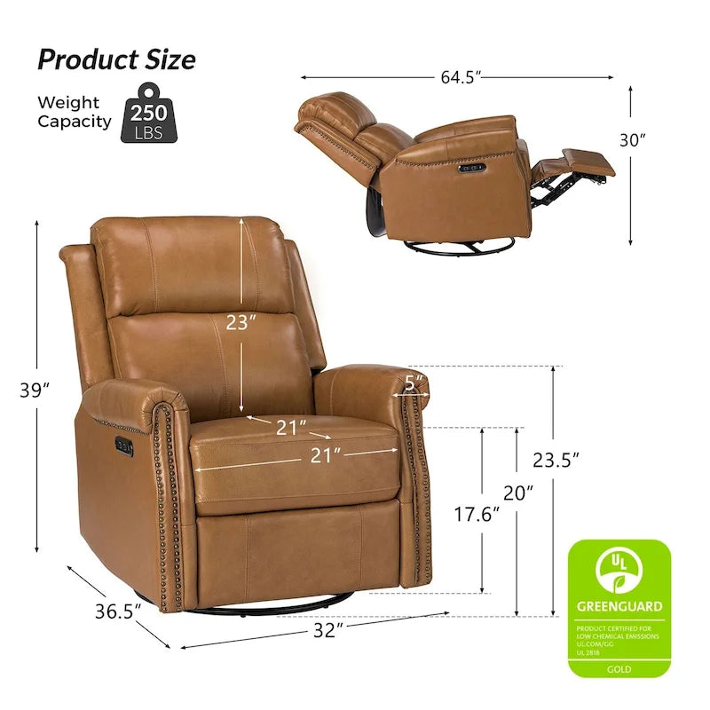 Fauteuil inclinable pivotant motorisé Renato en cuir véritable avec clous et base en métal, lot de 2, par HULALA HOME