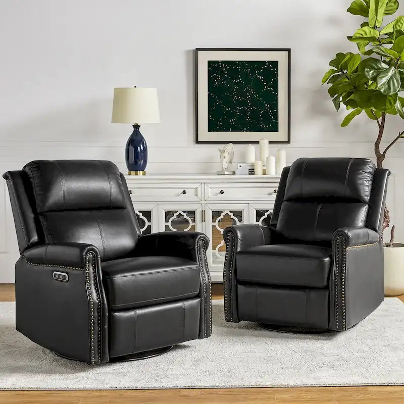 Fauteuil inclinable pivotant motorisé Renato en cuir véritable avec clous et base en métal, lot de 2, par HULALA HOME