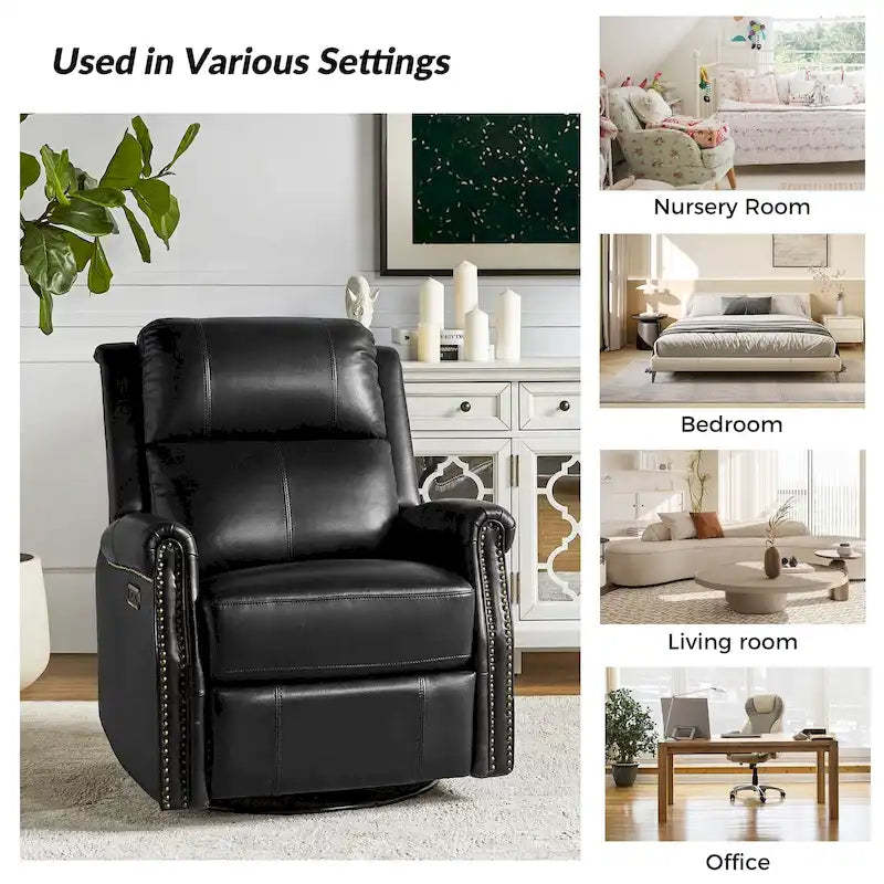 Fauteuil inclinable pivotant motorisé Renato en cuir véritable avec clous et base en métal, lot de 2, par HULALA HOME