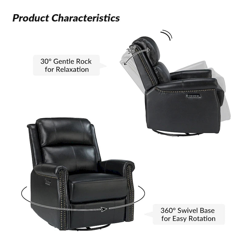 Fauteuil inclinable pivotant motorisé Renato en cuir véritable avec clous et base en métal, lot de 2, par HULALA HOME