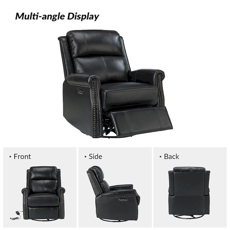 Fauteuil inclinable pivotant motorisé Renato en cuir véritable avec clous et base en métal, lot de 2, par HULALA HOME