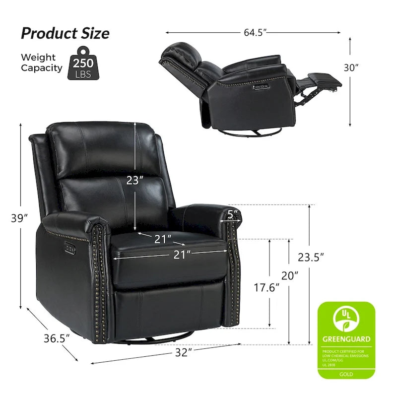 Fauteuil inclinable pivotant motorisé Renato en cuir véritable avec clous et base en métal, lot de 2, par HULALA HOME