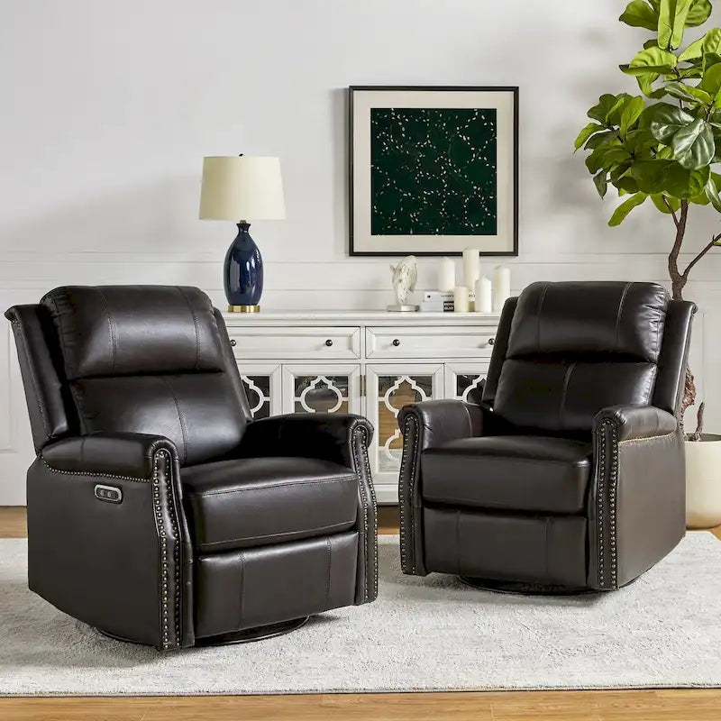 Fauteuil inclinable pivotant motorisé Renato en cuir véritable avec clous et base en métal, lot de 2, par HULALA HOME