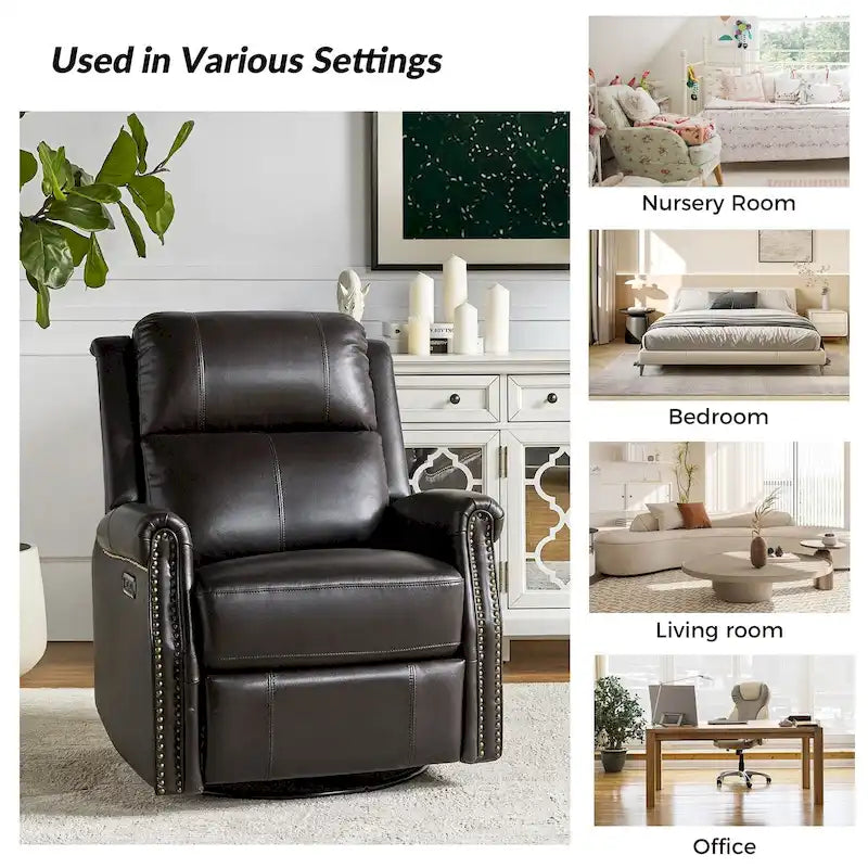 Fauteuil inclinable pivotant motorisé Renato en cuir véritable avec clous et base en métal, lot de 2, par HULALA HOME