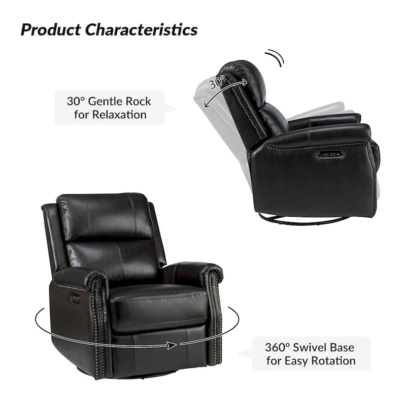 Fauteuil inclinable pivotant motorisé Renato en cuir véritable avec clous et base en métal, lot de 2, par HULALA HOME