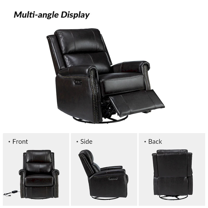 Fauteuil inclinable pivotant motorisé Renato en cuir véritable avec clous et base en métal, lot de 2, par HULALA HOME