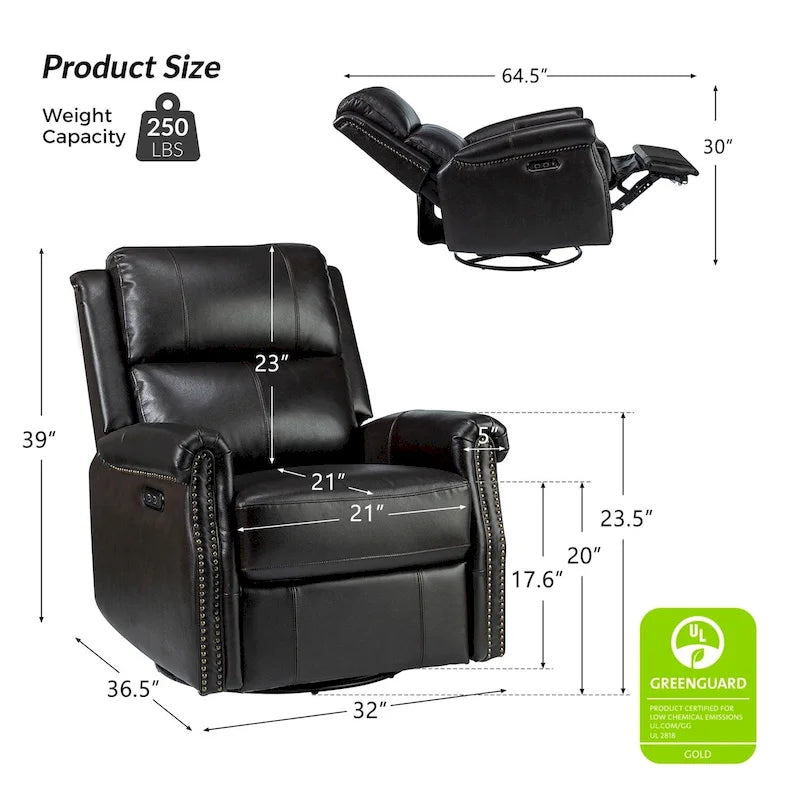 Fauteuil inclinable pivotant motorisé Renato en cuir véritable avec clous et base en métal, lot de 2, par HULALA HOME