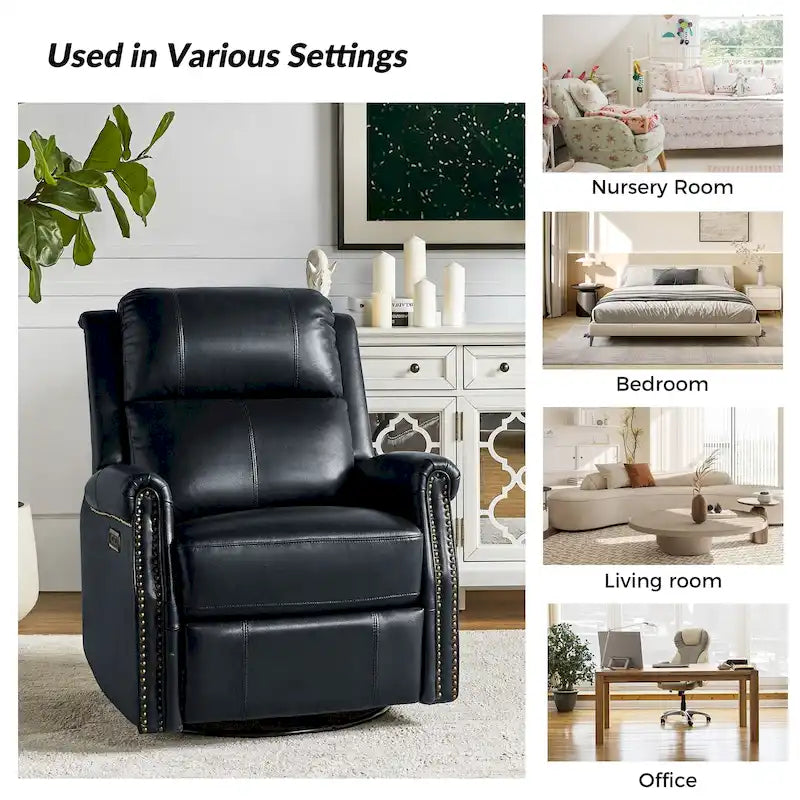 Fauteuil inclinable pivotant motorisé Renato en cuir véritable avec clous et base en métal, lot de 2, par HULALA HOME