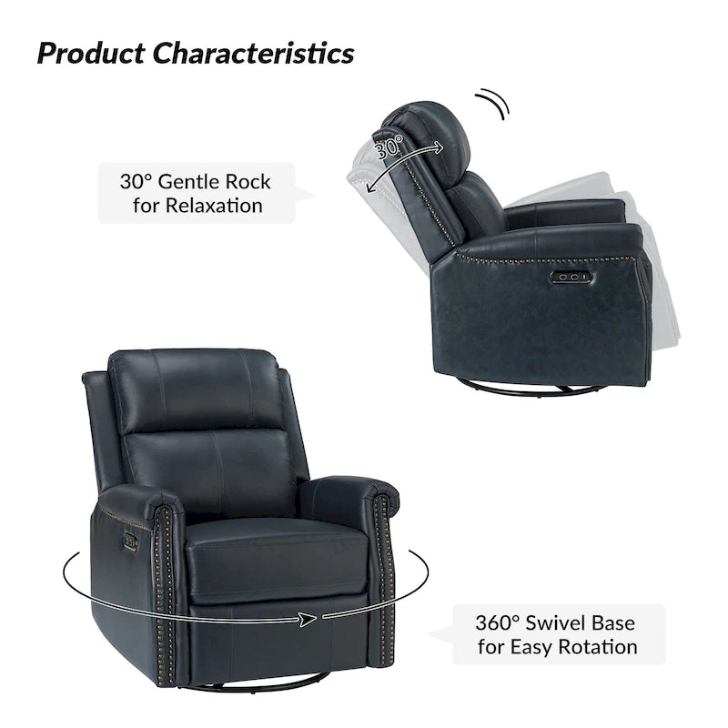 Fauteuil inclinable pivotant motorisé Renato en cuir véritable avec clous et base en métal, lot de 2, par HULALA HOME