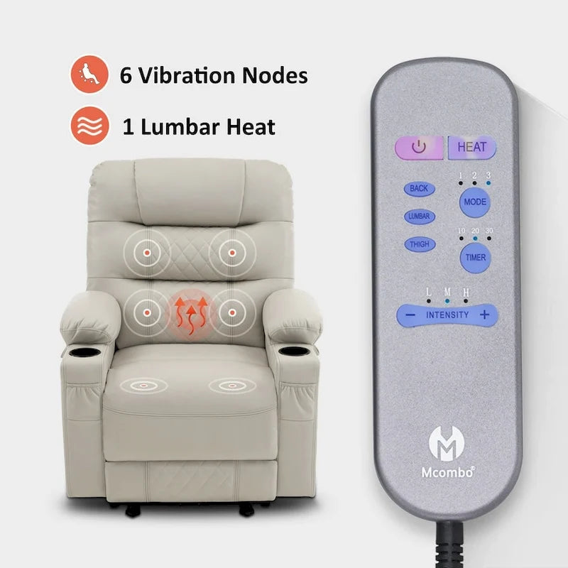 Fauteuil inclinable électrique MCombo avec chauffage et massage, cuir PR621