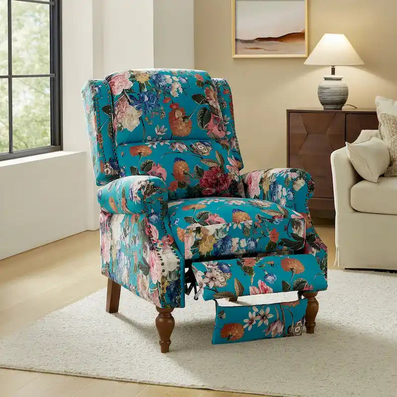Fauteuil inclinable manuel Terri Classic avec accoudoirs découpés et clous décoratifs pour salon par HULALA HOME