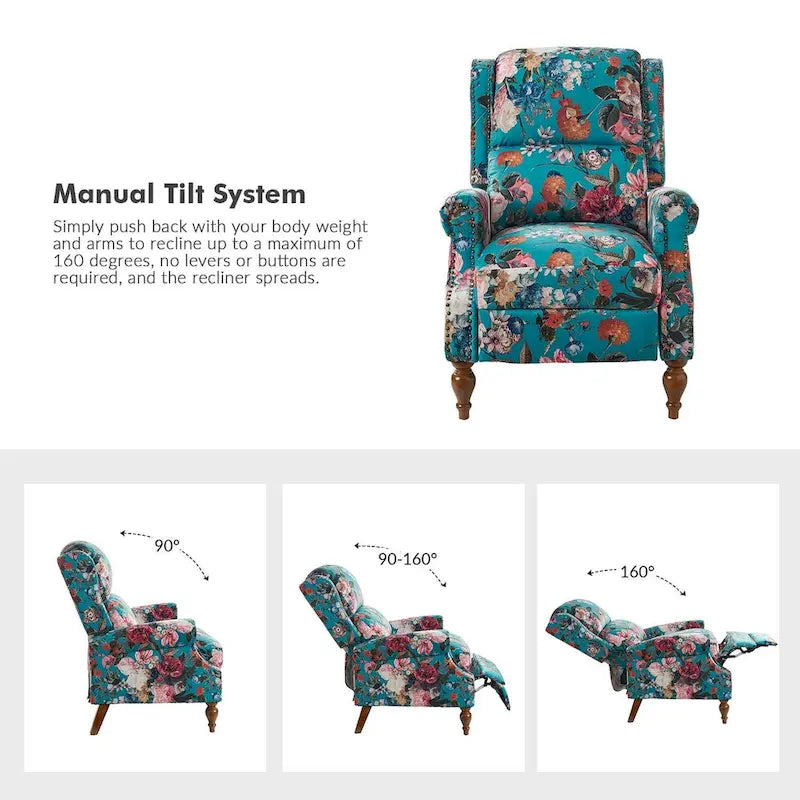 Fauteuil inclinable manuel Terri Classic avec accoudoirs découpés et clous décoratifs pour salon par HULALA HOME