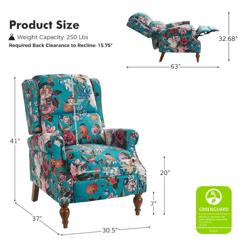 Fauteuil inclinable manuel Terri Classic avec accoudoirs découpés et clous décoratifs pour salon par HULALA HOME