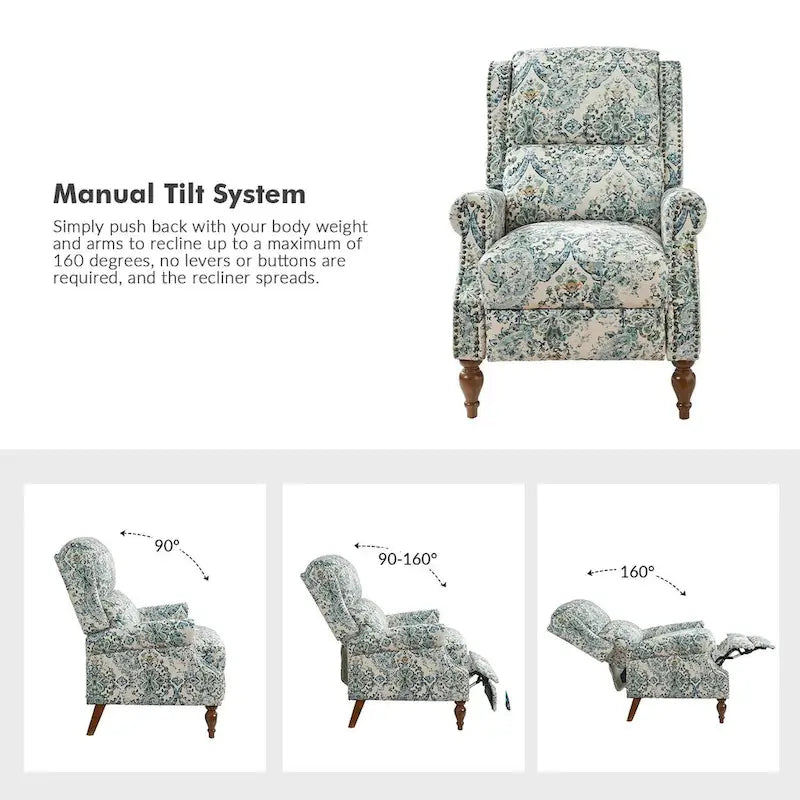 Fauteuil inclinable manuel Terri Classic avec accoudoirs découpés et clous décoratifs pour salon par HULALA HOME