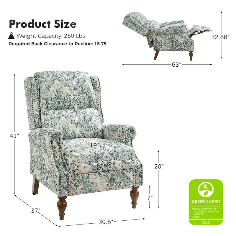 Fauteuil inclinable manuel Terri Classic avec accoudoirs découpés et clous décoratifs pour salon par HULALA HOME