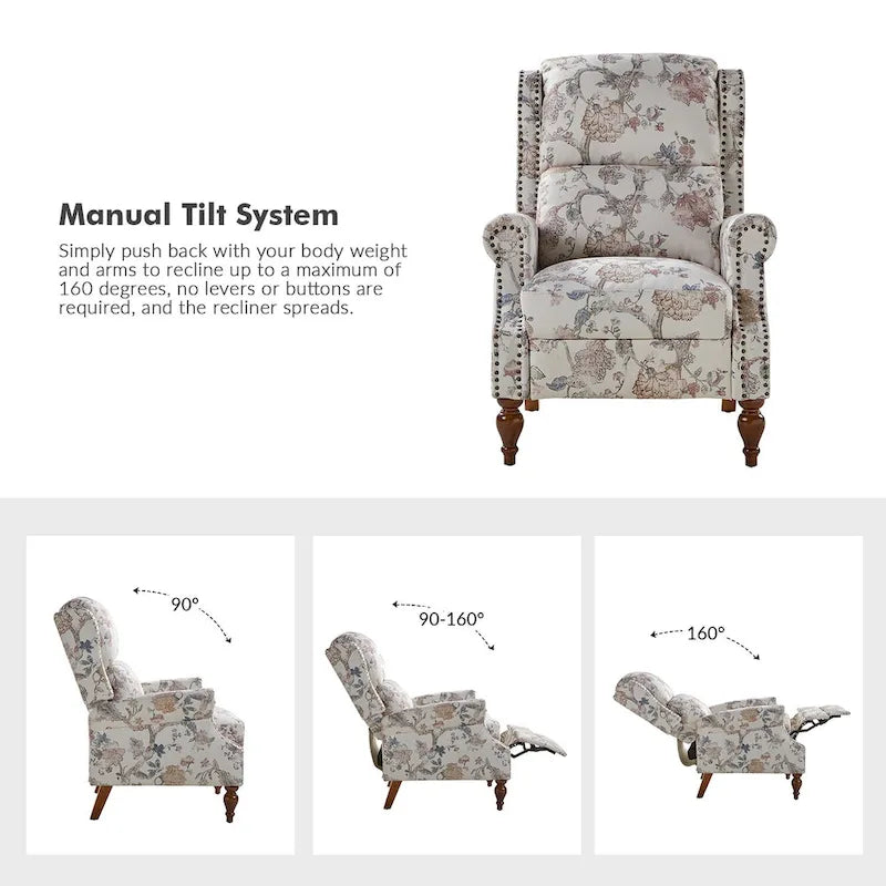 Fauteuil inclinable manuel Terri Classic avec accoudoirs découpés et clous décoratifs pour salon par HULALA HOME