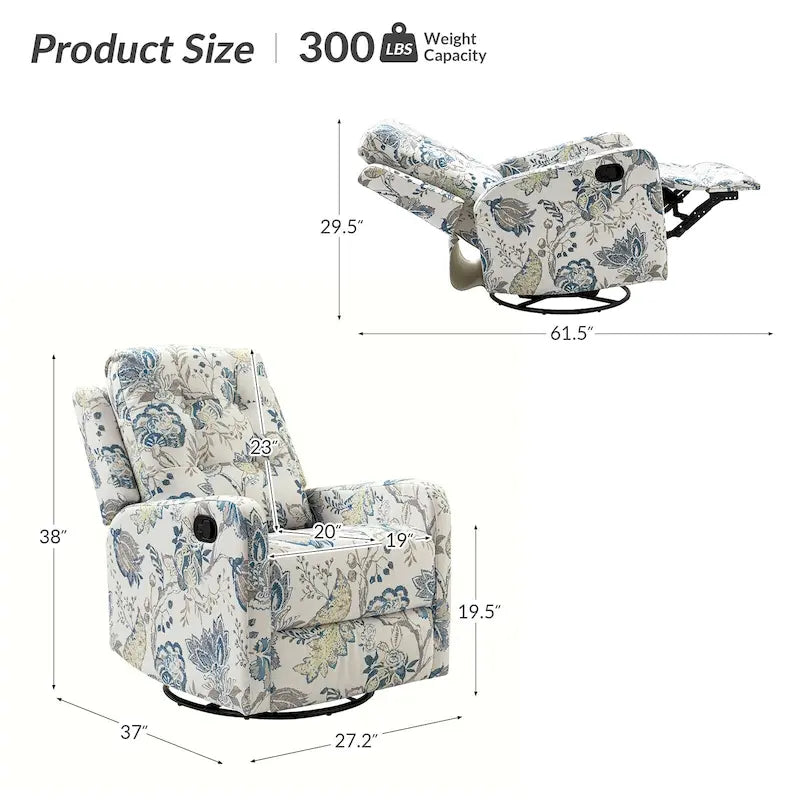 Fauteuil inclinable pivotant manuel Arlette Floral avec dossier capitonné – Ensemble de 2