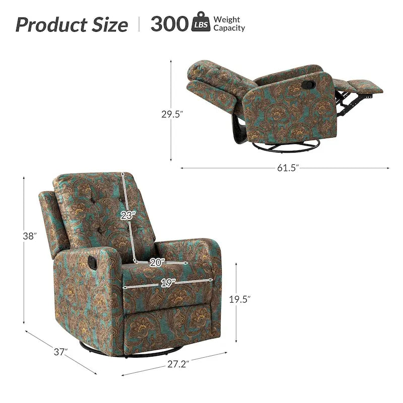 Fauteuil inclinable pivotant manuel Arlette Floral avec dossier capitonné – Ensemble de 2