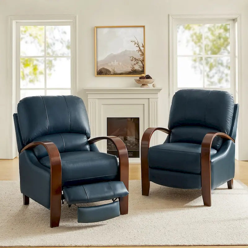 Fauteuil inclinable manuel Alex Mid-century Modern Cigar en cuir véritable avec accoudoirs incurvés en bois, lot de 2