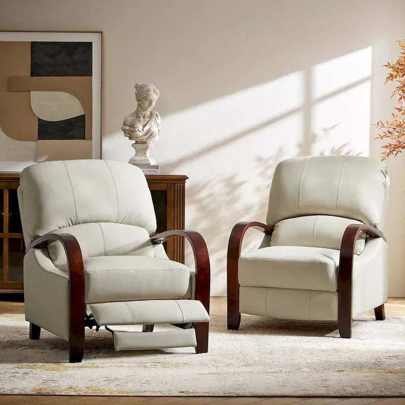 Fauteuil inclinable manuel Alex Mid-century Modern Cigar en cuir véritable avec accoudoirs incurvés en bois, lot de 2