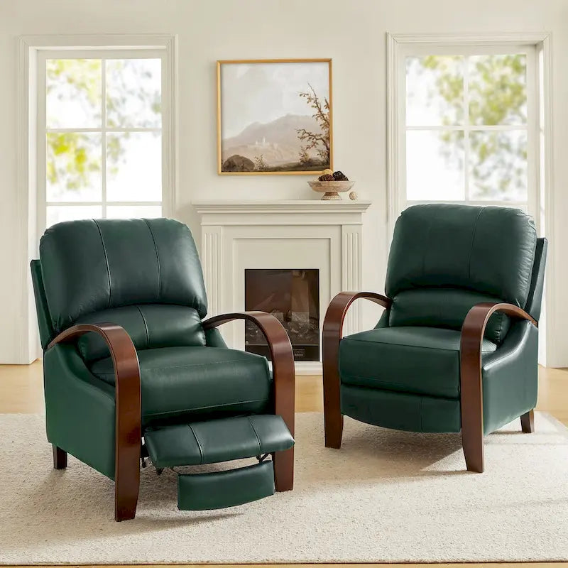 Fauteuil inclinable manuel Alex Mid-century Modern Cigar en cuir véritable avec accoudoirs incurvés en bois, lot de 2