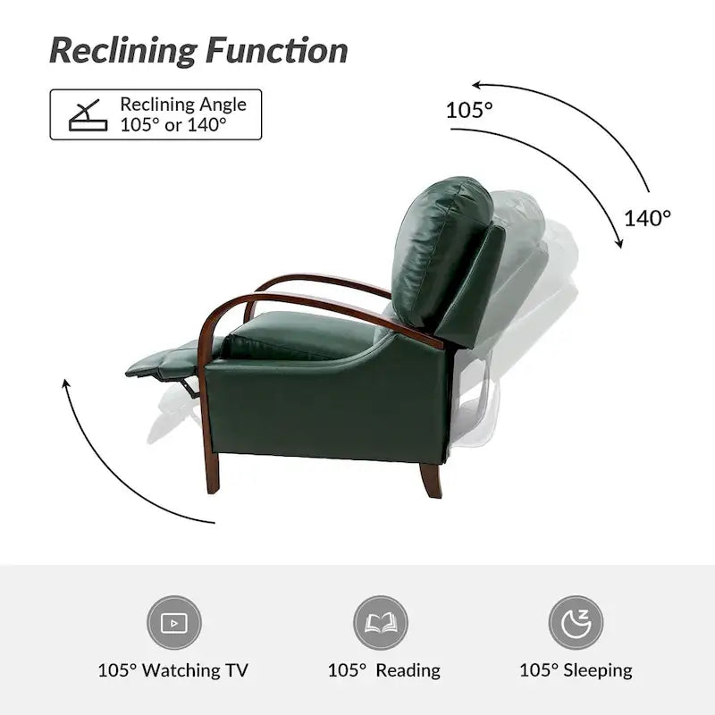 Fauteuil inclinable manuel Alex Mid-century Modern Cigar en cuir véritable avec accoudoirs incurvés en bois, lot de 2