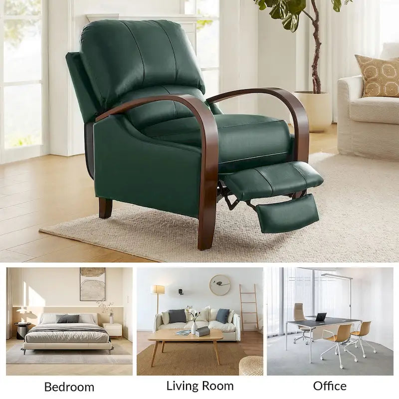 Fauteuil inclinable manuel Alex Mid-century Modern Cigar en cuir véritable avec accoudoirs incurvés en bois, lot de 2