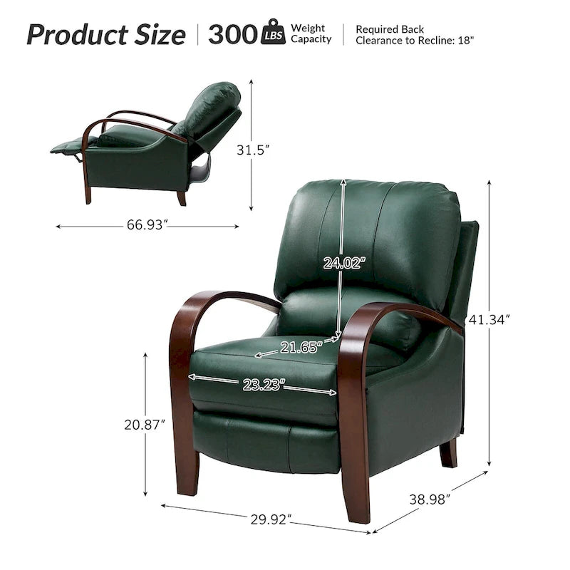 Fauteuil inclinable manuel Alex Mid-century Modern Cigar en cuir véritable avec accoudoirs incurvés en bois, lot de 2