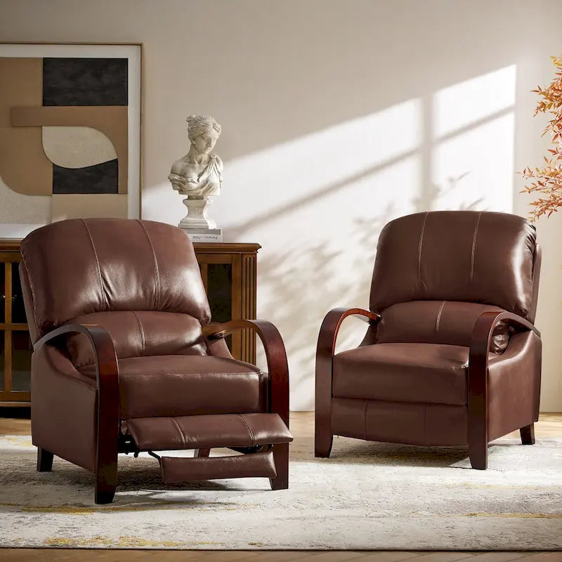 Fauteuil inclinable manuel Alex Mid-century Modern Cigar en cuir véritable avec accoudoirs incurvés en bois, lot de 2