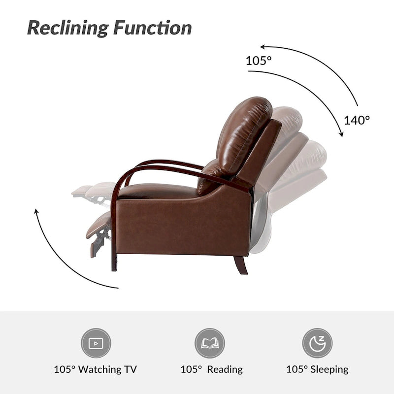 Fauteuil inclinable manuel Alex Mid-century Modern Cigar en cuir véritable avec accoudoirs incurvés en bois, lot de 2