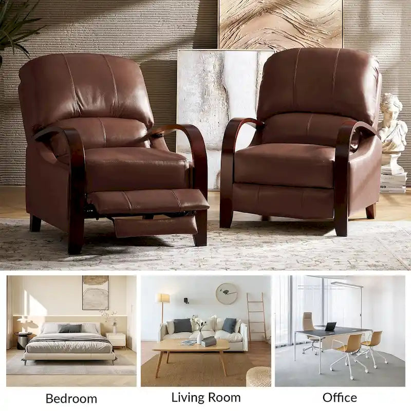 Fauteuil inclinable manuel Alex Mid-century Modern Cigar en cuir véritable avec accoudoirs incurvés en bois, lot de 2