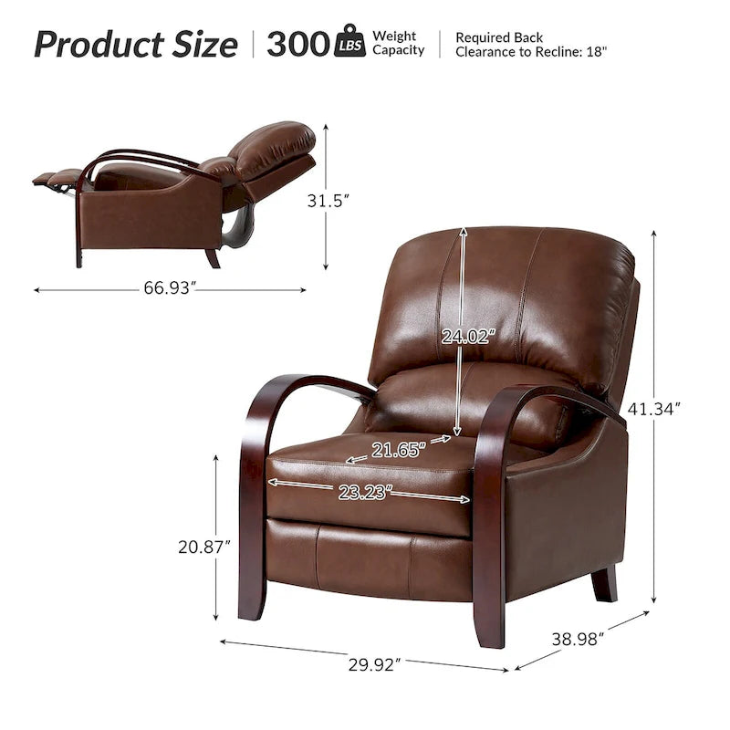 Fauteuil inclinable manuel Alex Mid-century Modern Cigar en cuir véritable avec accoudoirs incurvés en bois, lot de 2