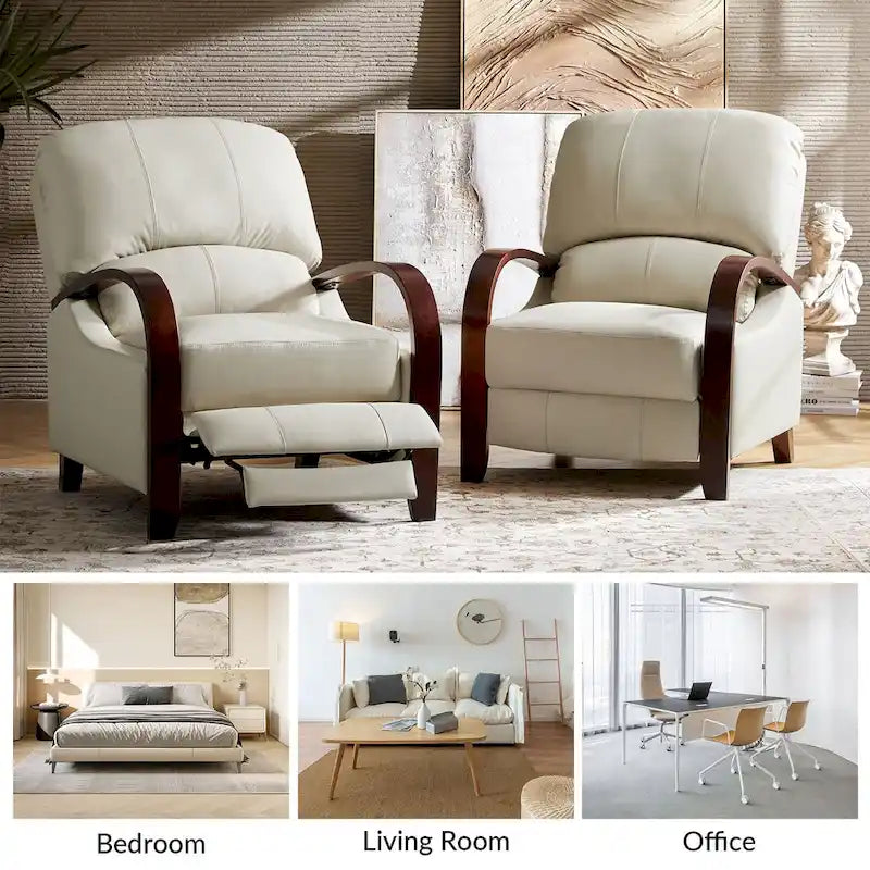 Fauteuil inclinable manuel Alex Mid-century Modern Cigar en cuir véritable avec accoudoirs incurvés en bois, lot de 2