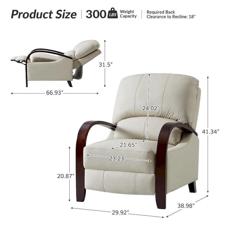 Fauteuil inclinable manuel Alex Mid-century Modern Cigar en cuir véritable avec accoudoirs incurvés en bois, lot de 2