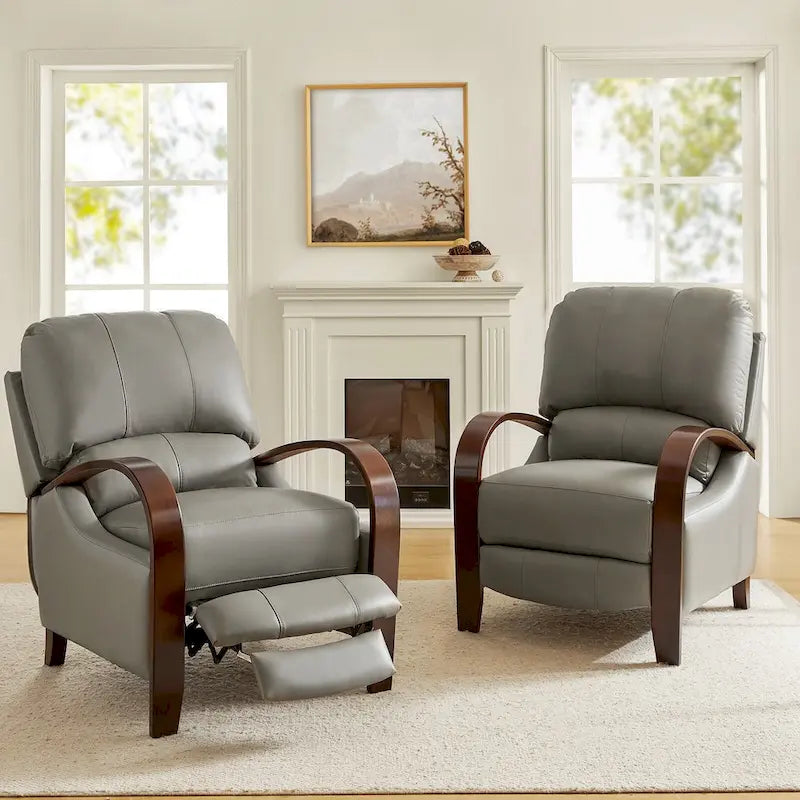 Fauteuil inclinable manuel Alex Mid-century Modern Cigar en cuir véritable avec accoudoirs incurvés en bois, lot de 2