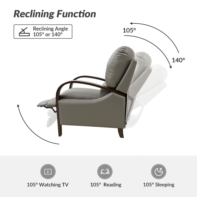 Fauteuil inclinable manuel Alex Mid-century Modern Cigar en cuir véritable avec accoudoirs incurvés en bois, lot de 2