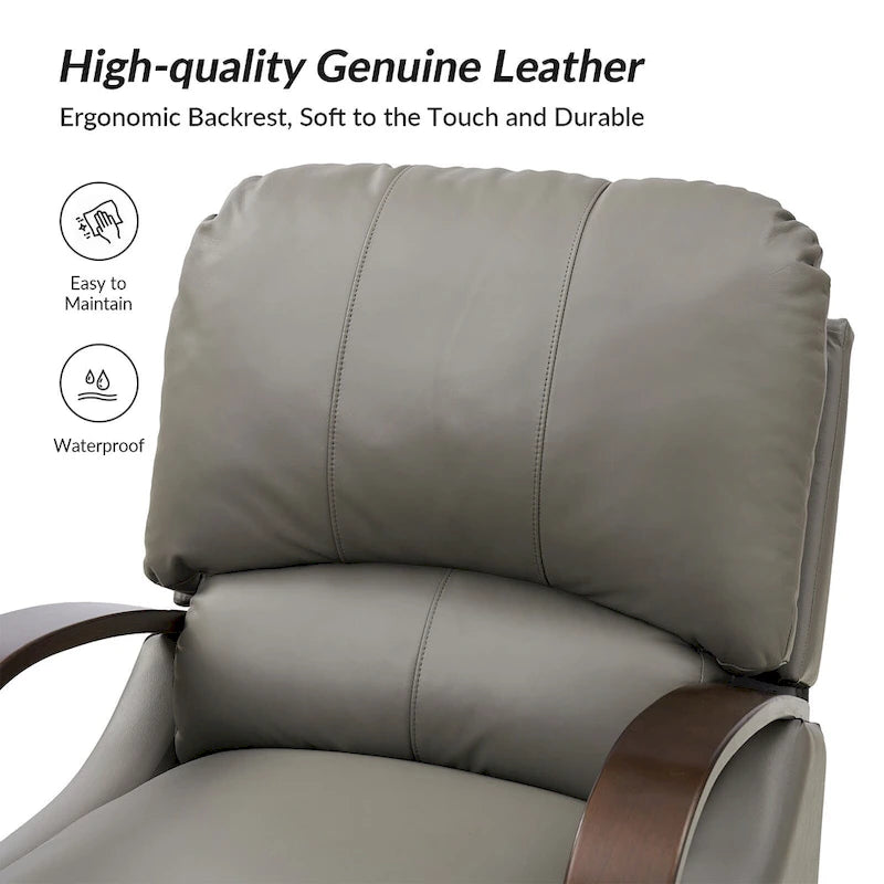 Fauteuil inclinable manuel Alex Mid-century Modern Cigar en cuir véritable avec accoudoirs incurvés en bois, lot de 2