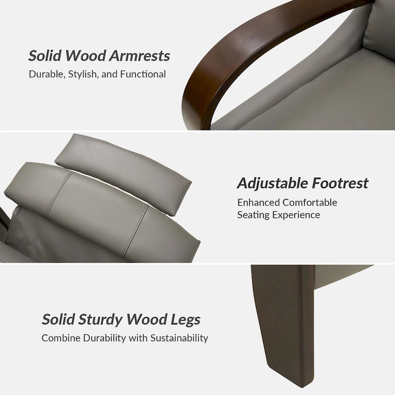 Fauteuil inclinable manuel Alex Mid-century Modern Cigar en cuir véritable avec accoudoirs incurvés en bois, lot de 2