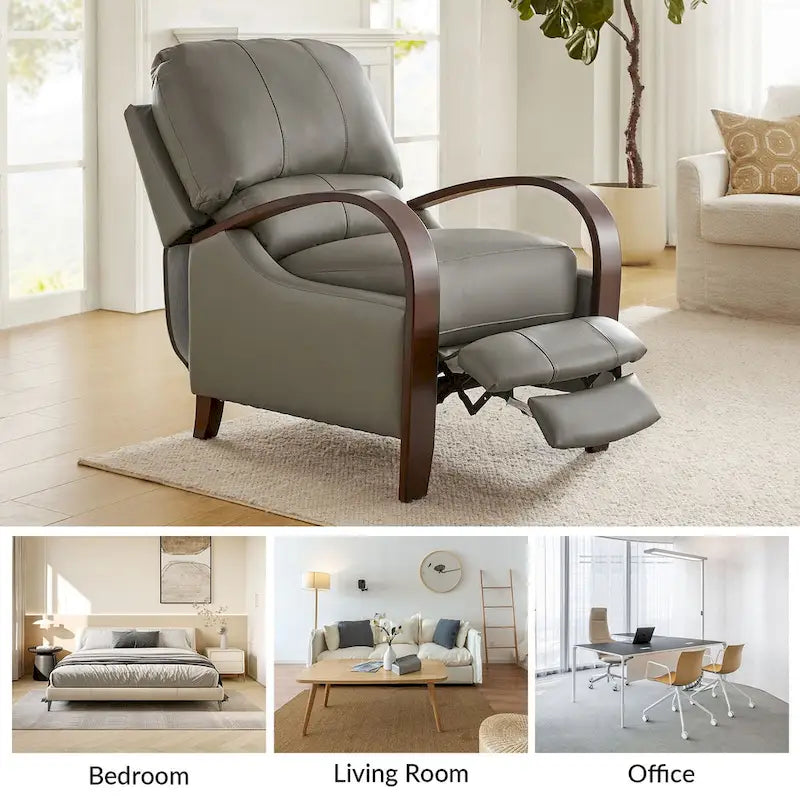 Fauteuil inclinable manuel Alex Mid-century Modern Cigar en cuir véritable avec accoudoirs incurvés en bois, lot de 2